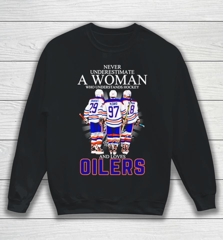 Never Underestimate A Woman Who Understands Hockey And Loves Oilers Signatures Sweatshirt