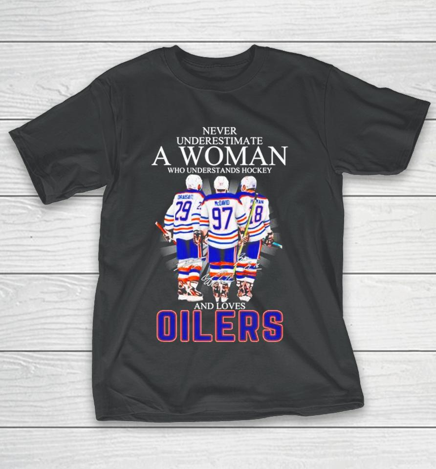 Never Underestimate A Woman Who Understands Hockey And Loves Oilers Signatures T-Shirt