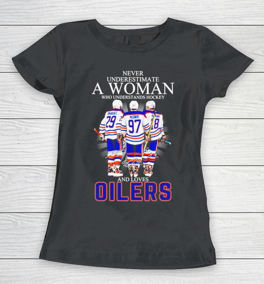 Never Underestimate A Woman Who Understands Hockey And Loves Oilers Signatures Women T-Shirt