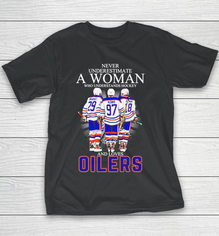 Never Underestimate A Woman Who Understands Hockey And Loves Oilers Signatures Youth T-Shirt