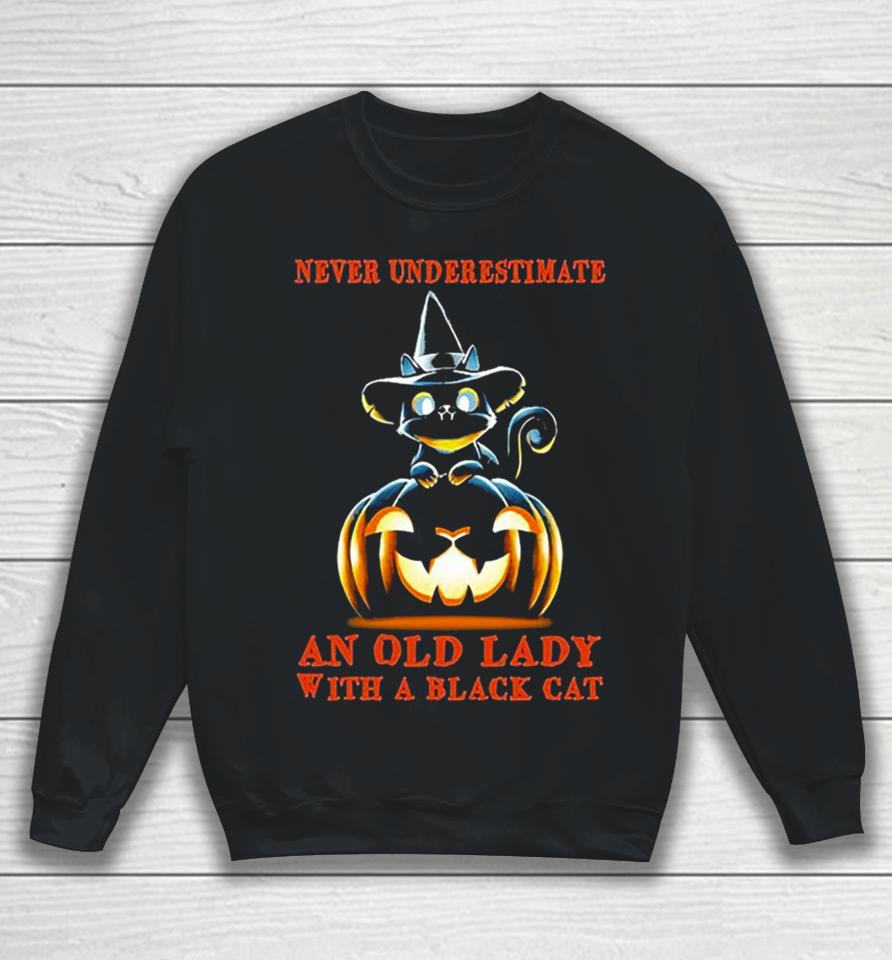 Never Underestimate An Old Lady With A Black Cat Halloween Pumpkin Sweatshirt
