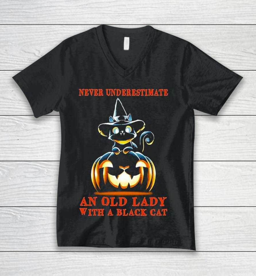 Never Underestimate An Old Lady With A Black Cat Halloween Pumpkin Unisex V-Neck T-Shirt