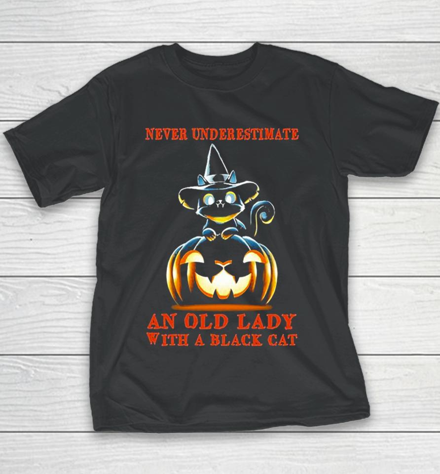 Never Underestimate An Old Lady With A Black Cat Halloween Pumpkin Youth T-Shirt