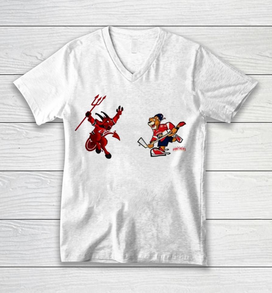 New Jersey Devils Vs Florida Panthers Nhl 2024 Mascot Cartoon Hockey Unisex V-Neck T-Shirt