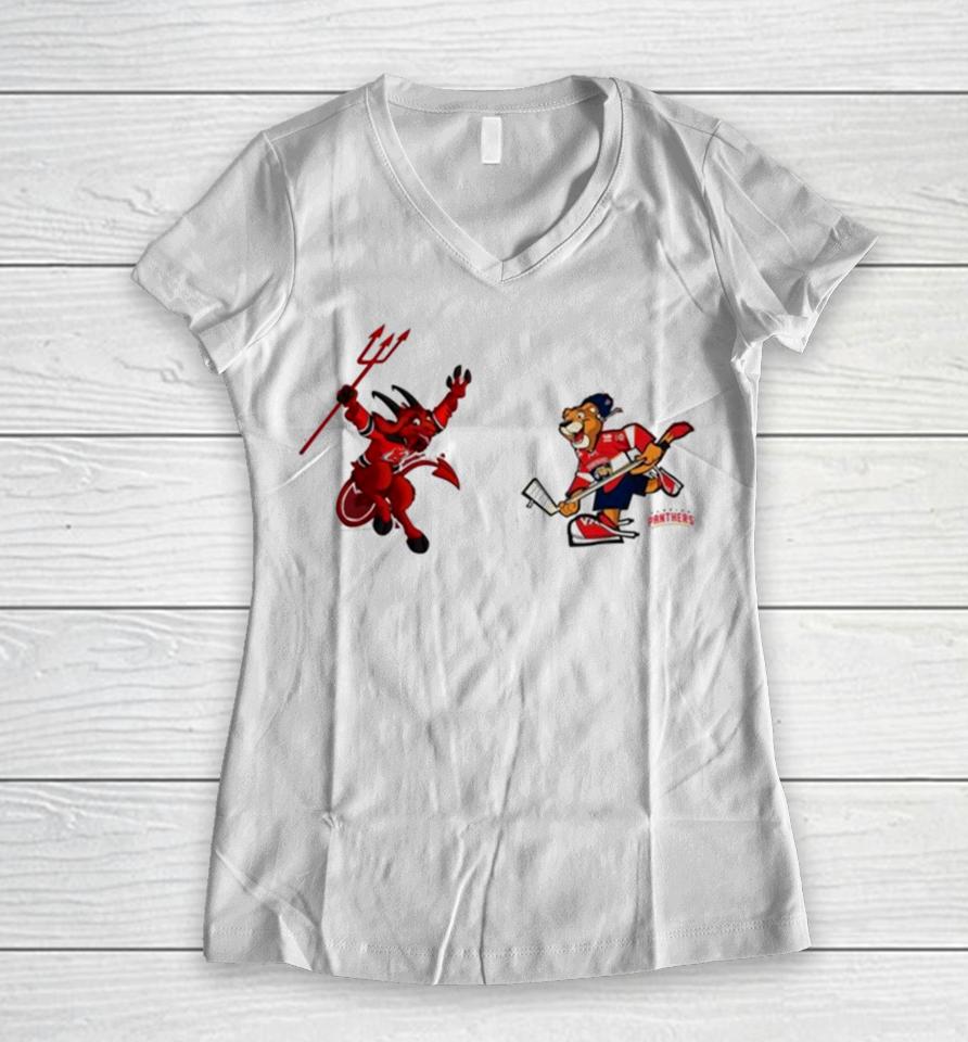 New Jersey Devils Vs Florida Panthers Nhl 2024 Mascot Cartoon Hockey Women V-Neck T-Shirt