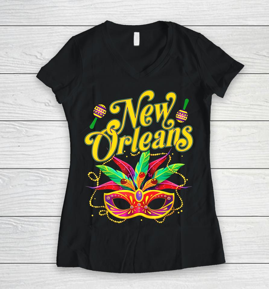 New Orleans Mardi Gras Souvenir Mask Women Carnival Women V-Neck T-Shirt