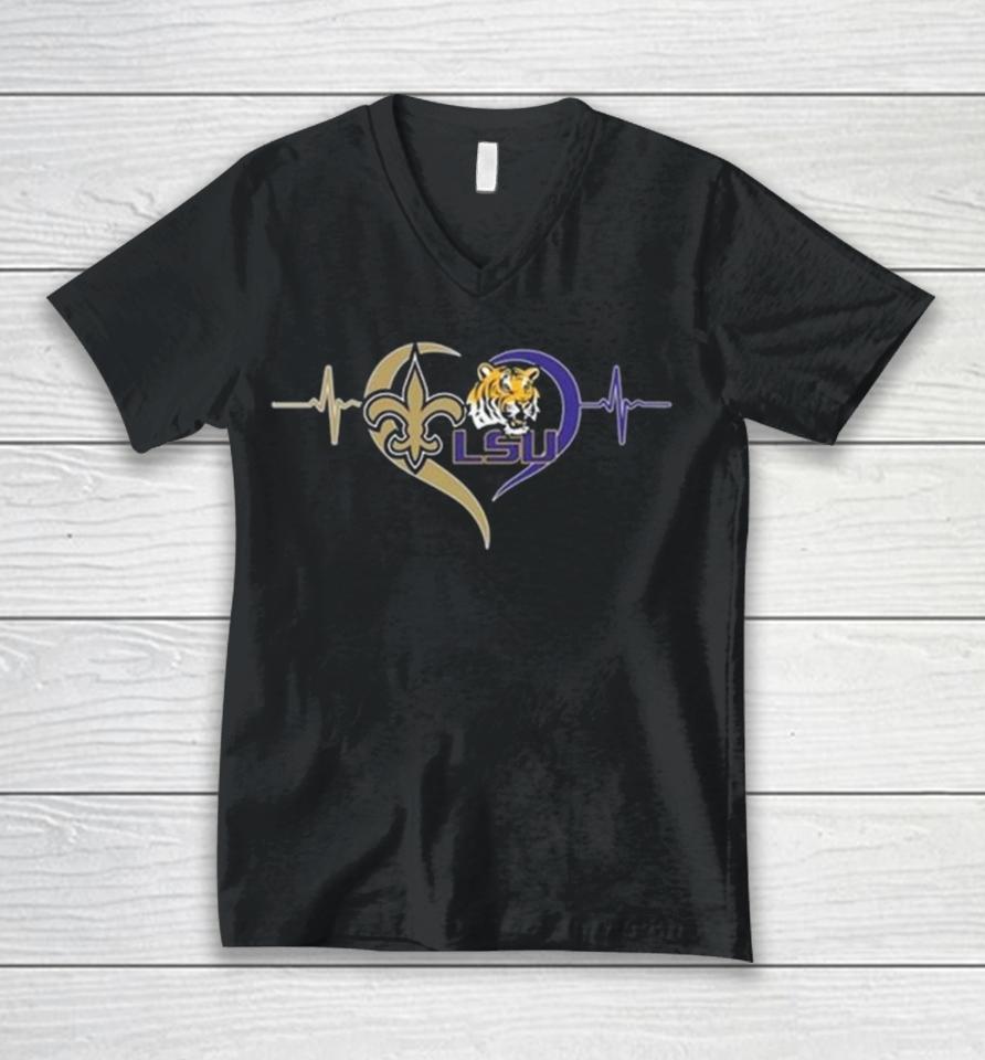 New Orleans Saints And Lsu Tigers Logo Love Unisex V-Neck T-Shirt