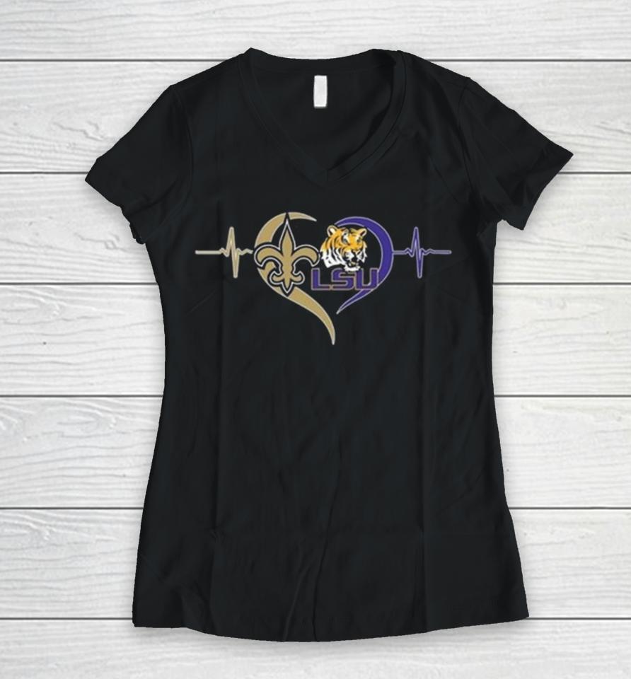 New Orleans Saints And Lsu Tigers Logo Love Women V-Neck T-Shirt