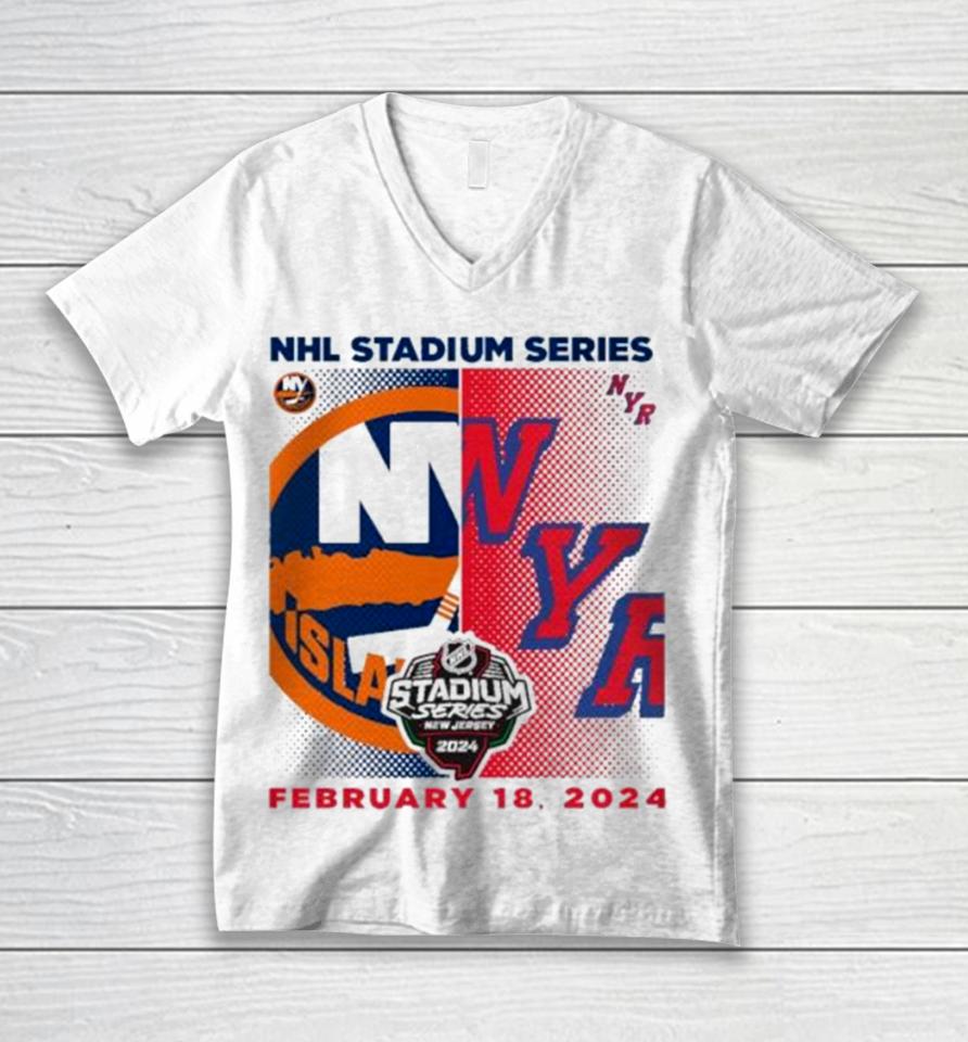 New York Islanders Vs. New York Rangers 2024 Nhl Stadium Series Matchup Logo Unisex V-Neck T-Shirt