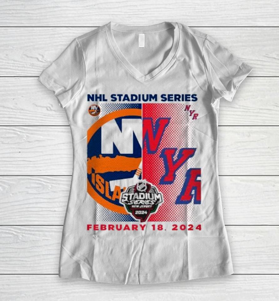 New York Islanders Vs. New York Rangers 2024 Nhl Stadium Series Matchup Logo Women V-Neck T-Shirt