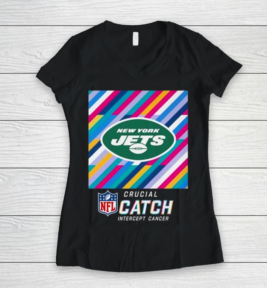 New York Jets Nfl Crucial Catch Intercept Cancer Women V-Neck T-Shirt
