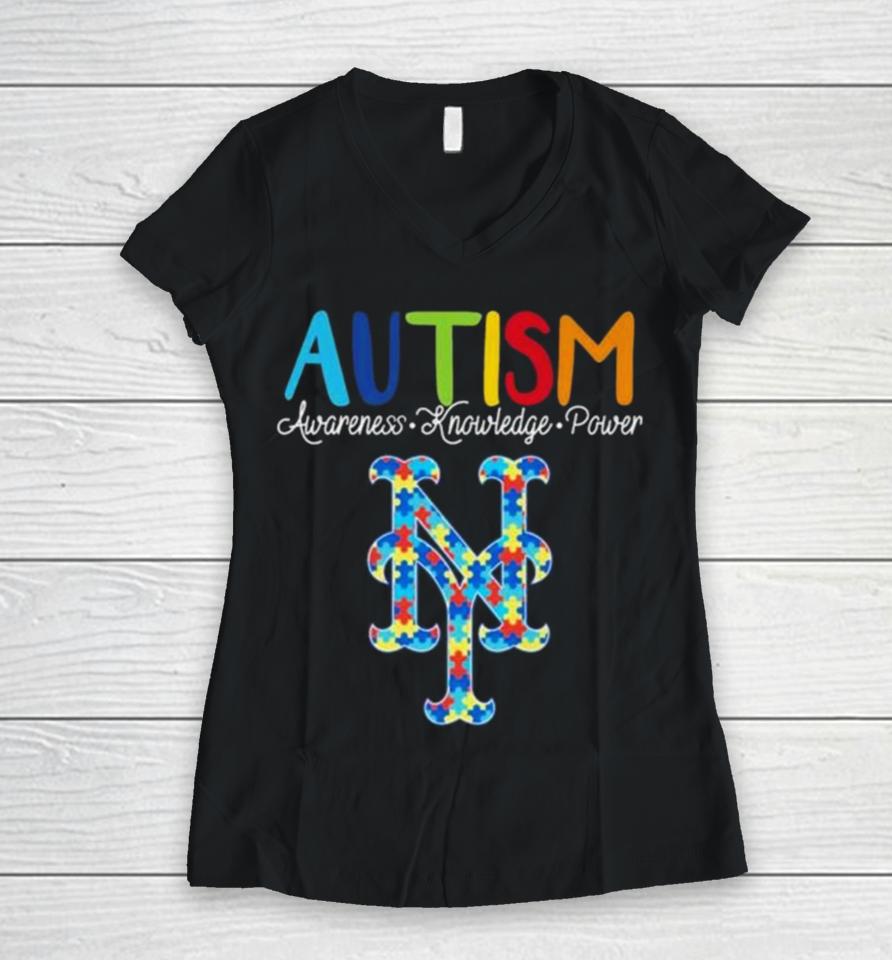 New York Mets Autism Awareness Knowledge Power Women V-Neck T-Shirt