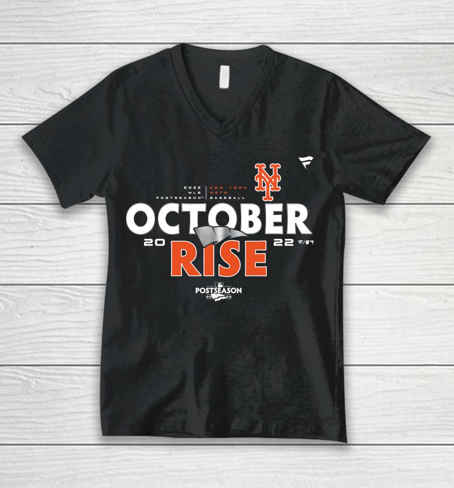 New York Mets Fanatics Branded Youth 2022 Postseason October Rise Unisex V-Neck T-Shirt