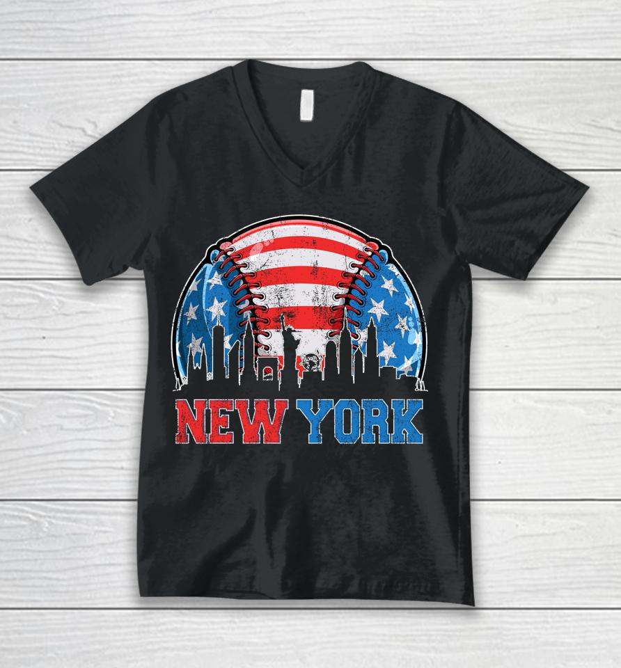 New York Ny Skyline Baseball Vintage Met At Gameday Unisex V-Neck T-Shirt
