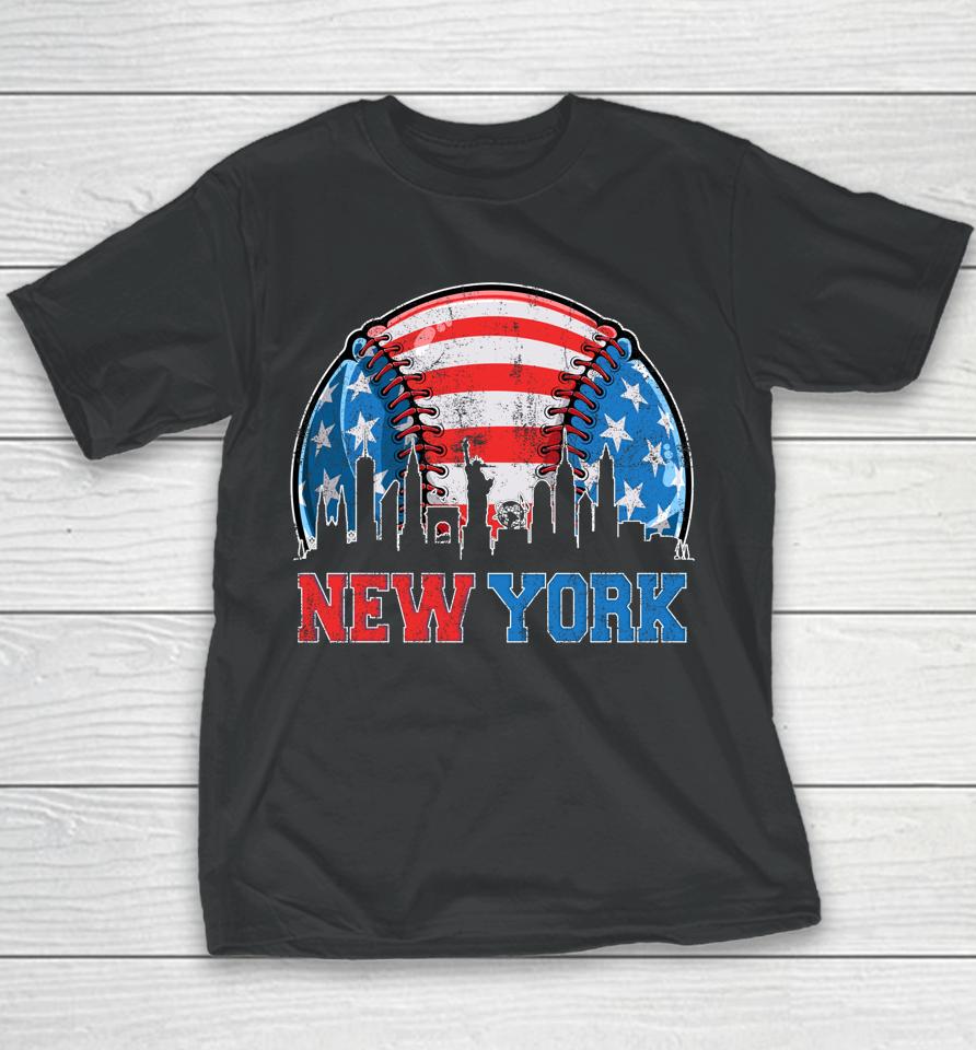 New York Ny Skyline Baseball Vintage Met At Gameday Youth T-Shirt