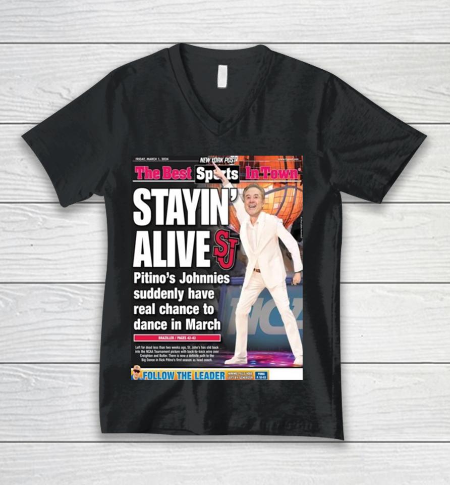 New York Post The Best Sports In Town Friday March 1St 2024 With The Back Page Staying Alive Unisex V-Neck T-Shirt