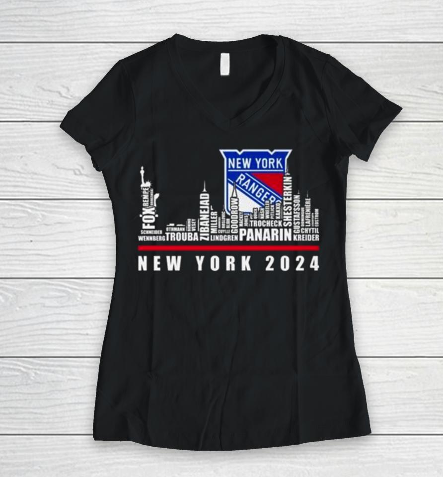 New York Rangers 2024 Skyline Players Names Women V-Neck T-Shirt