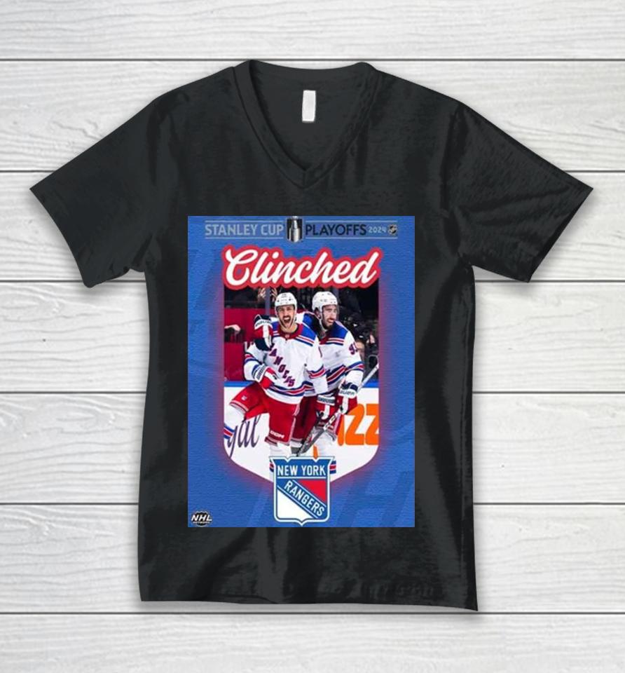 New York Rangers Are The First Team To Clinch A Spot In The Stanley Cup Playoffs 2024 Nhl Unisex V-Neck T-Shirt