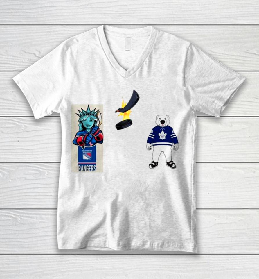 New York Rangers Vs Toronto Maple Leafs Nhl 2024 Mascot Cartoon Hockey Unisex V-Neck T-Shirt