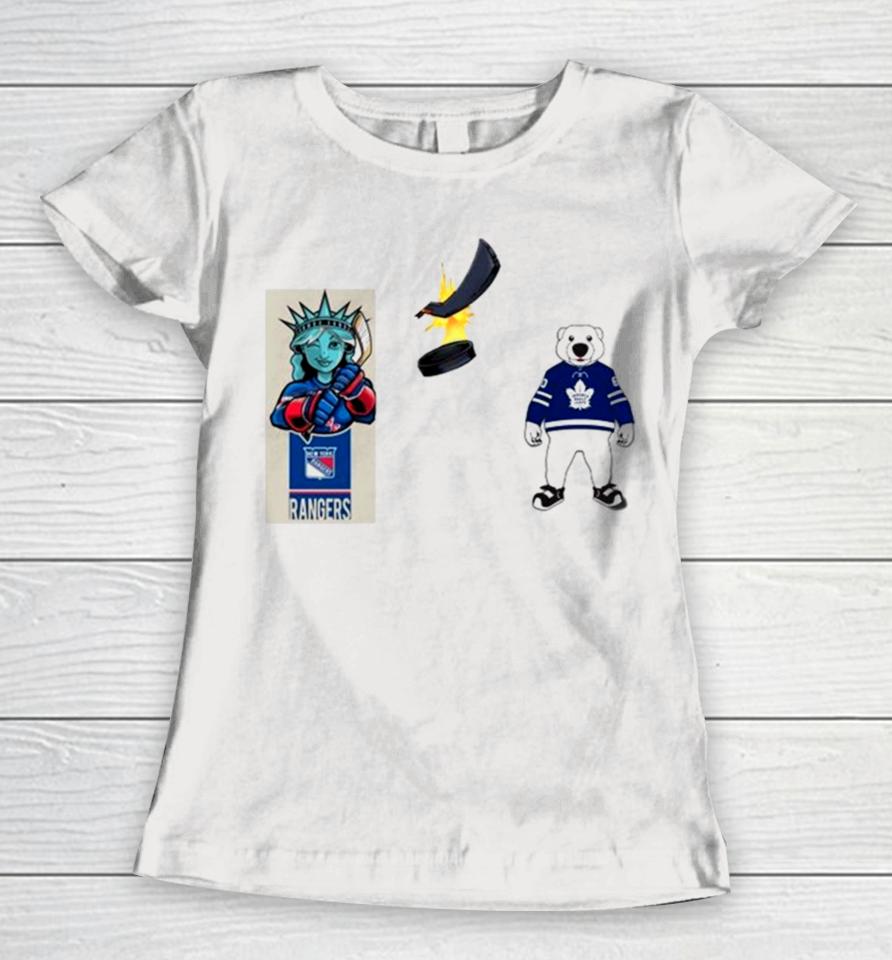 New York Rangers Vs Toronto Maple Leafs Nhl 2024 Mascot Cartoon Hockey Women T-Shirt