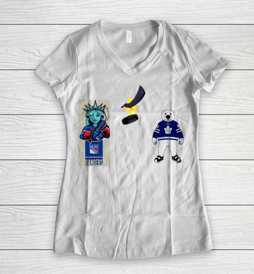 New York Rangers Vs Toronto Maple Leafs Nhl 2024 Mascot Cartoon Hockey Women V-Neck T-Shirt