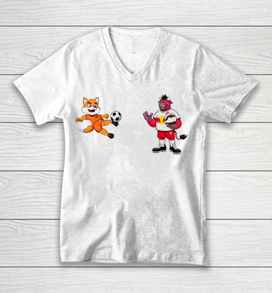 New York Red Bulls Vs Houston Dynamo Mls 2024 Mascot Cartoon Soccer Unisex V-Neck T-Shirt