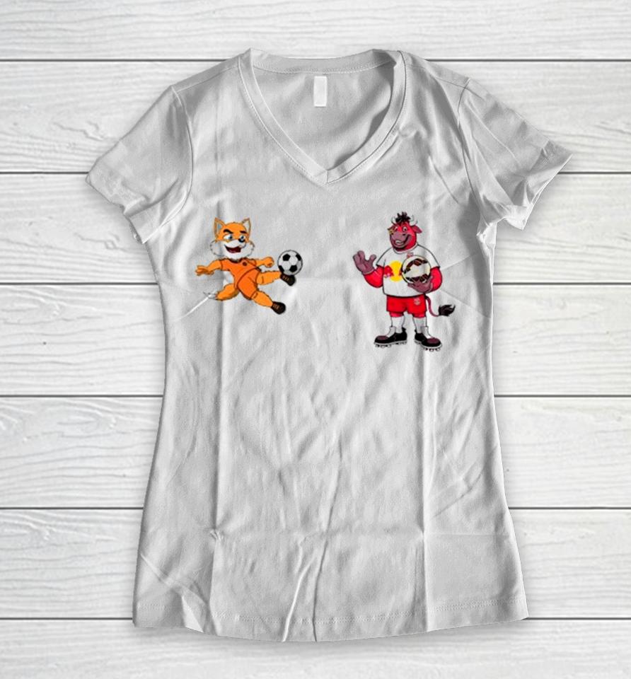New York Red Bulls Vs Houston Dynamo Mls 2024 Mascot Cartoon Soccer Women V-Neck T-Shirt