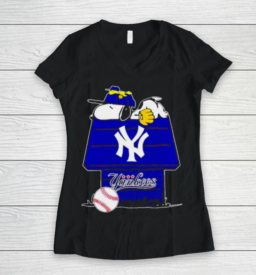 New York Yankees Snoopy And Woodstock The Peanuts Baseball Women V-Neck T-Shirt