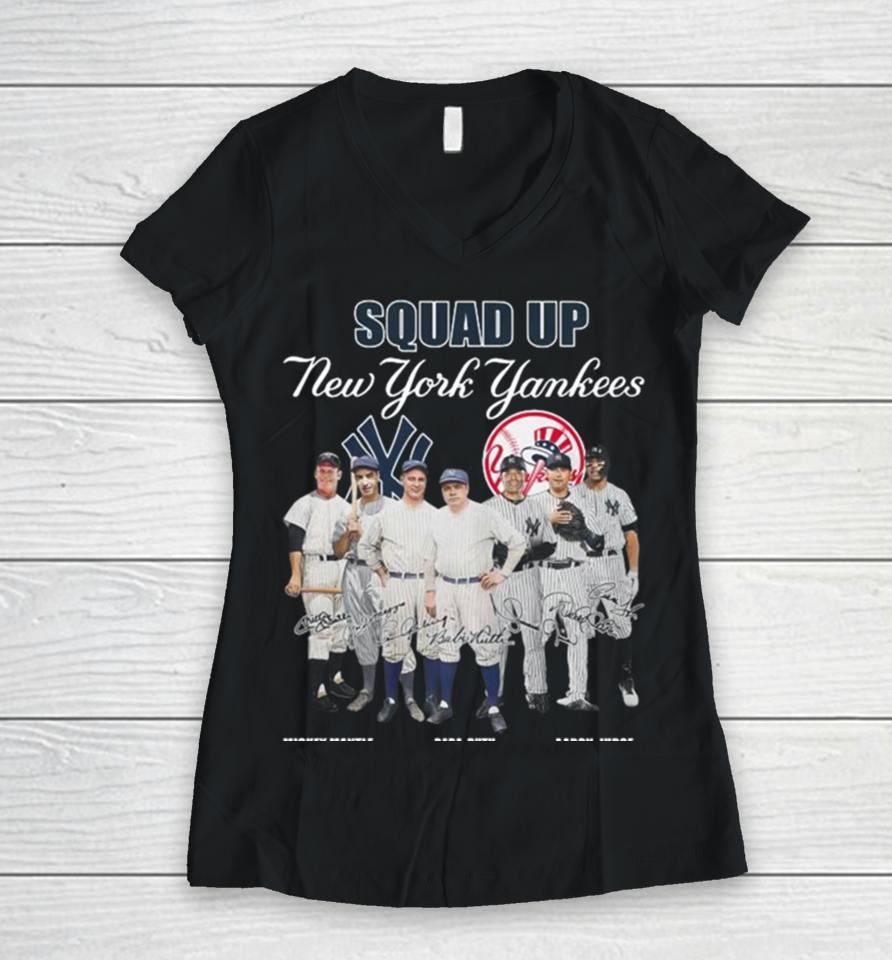 New York Yankees Squad Up Team Baseball Signatures 2024 Vintage Women V-Neck T-Shirt
