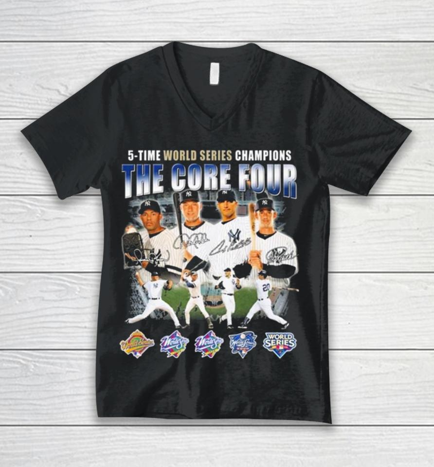 New York Yankees The Core Four 5 Time World Series Champions Signatures Unisex V-Neck T-Shirt