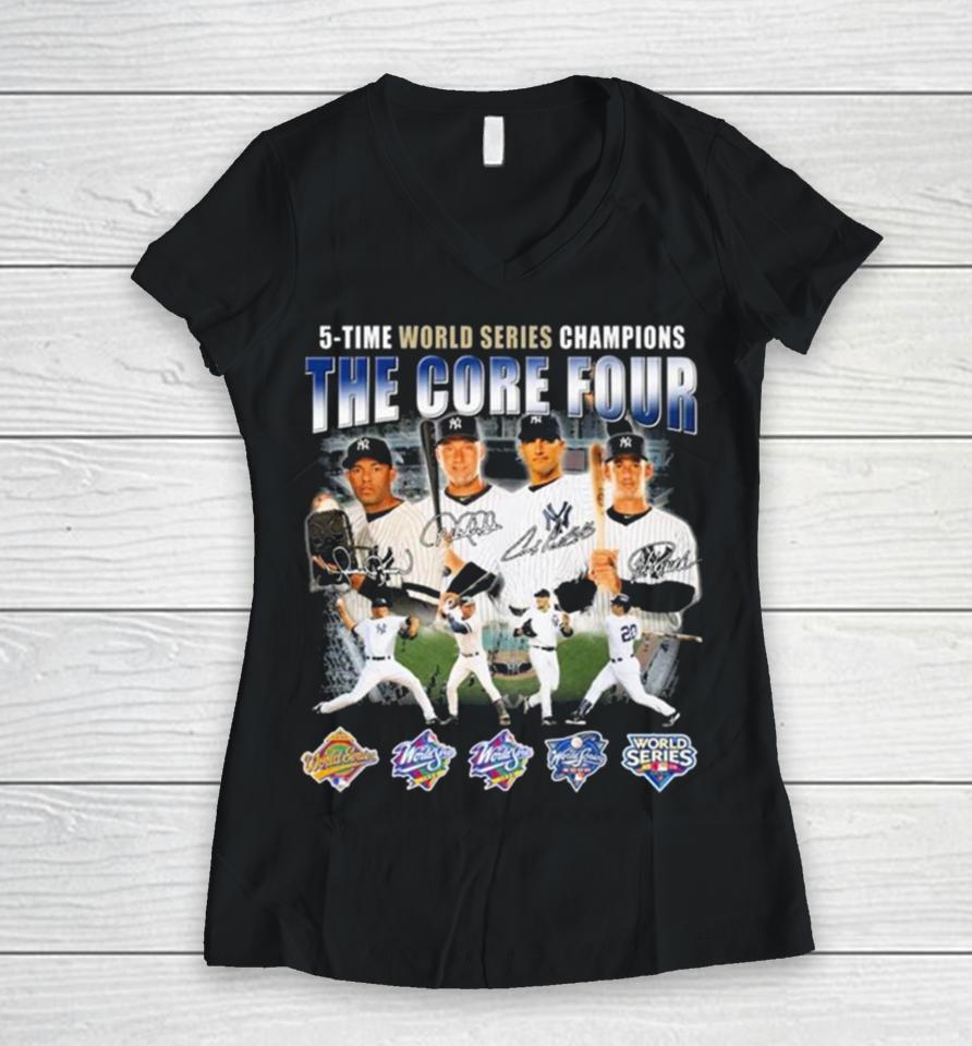 New York Yankees The Core Four 5 Time World Series Champions Signatures Women V-Neck T-Shirt