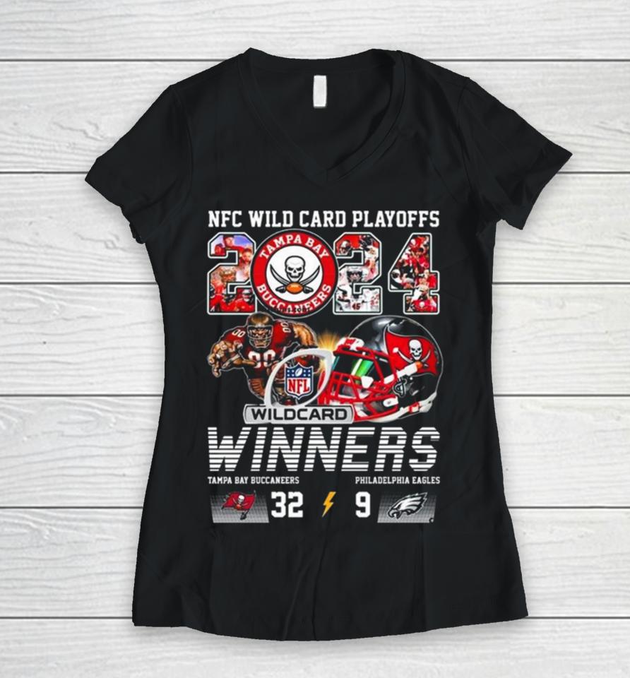 Nfc Wild Card Playoffs 2024 Winners Tampa Bay Buccaneers 32 9 Philadelphia Eagles Mascot Women V-Neck T-Shirt