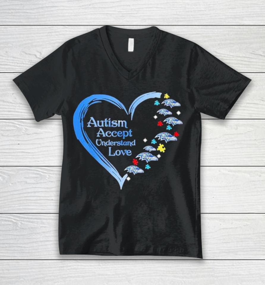 Nfl Baltimore Ravens Autism Accept Understand Heart Love Unisex V-Neck T-Shirt