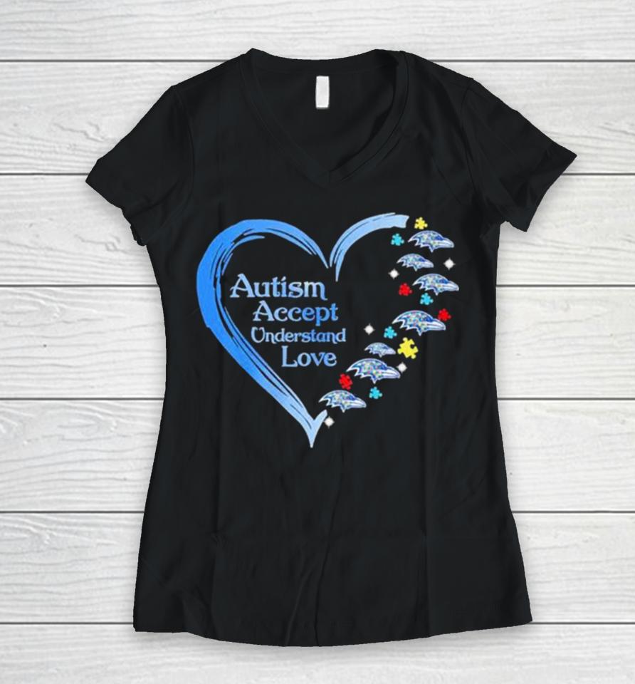 Nfl Baltimore Ravens Autism Accept Understand Heart Love Women V-Neck T-Shirt