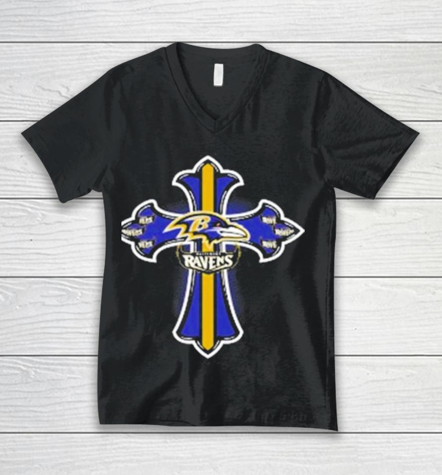 Nfl Blue Crusader Cross Baltimore Ravens 2024 Unisex V-Neck T-Shirt