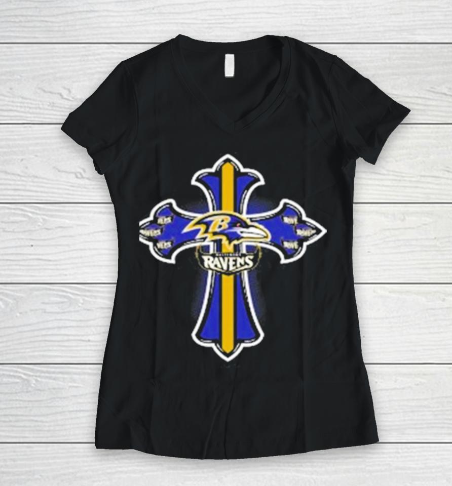 Nfl Blue Crusader Cross Baltimore Ravens 2024 Women V-Neck T-Shirt