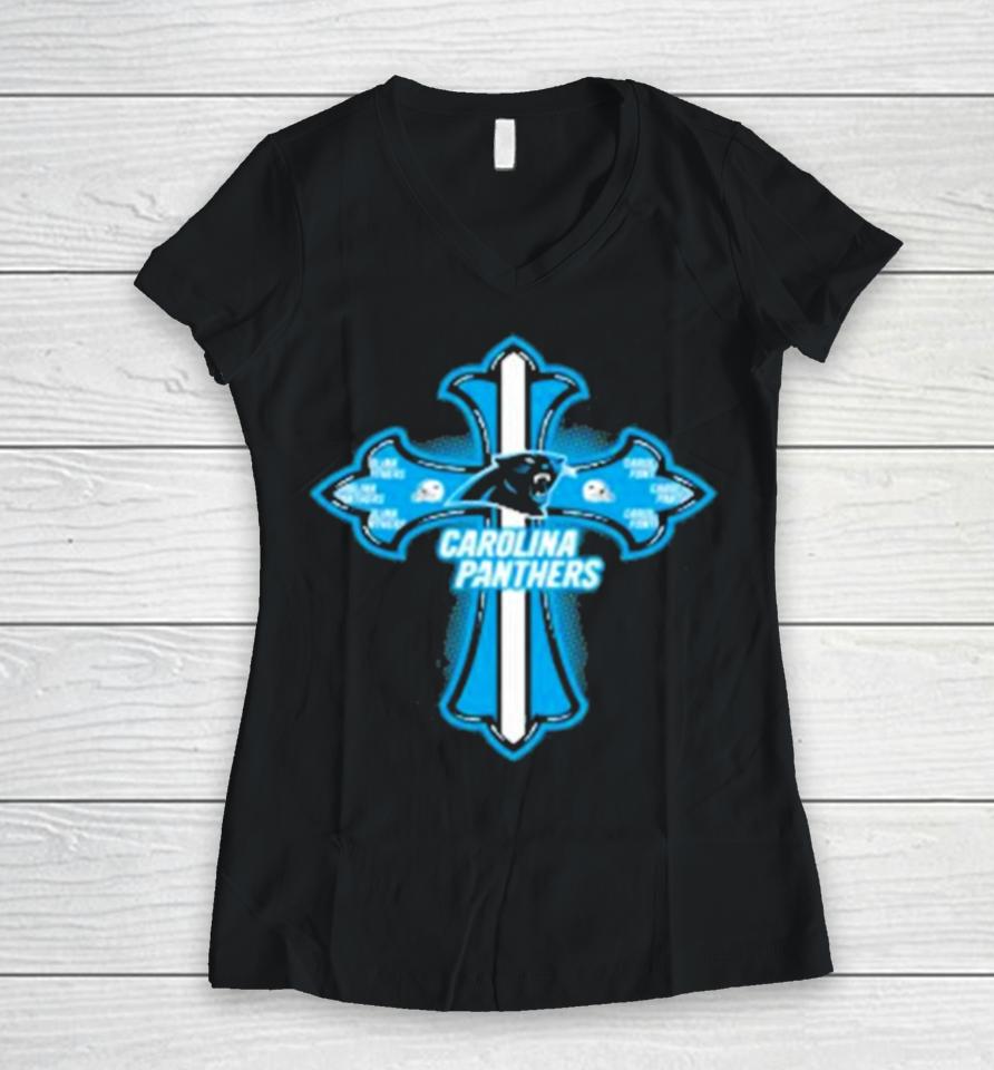 Nfl Blue Crusader Cross Carolina Panthers 2024 Women V-Neck T-Shirt