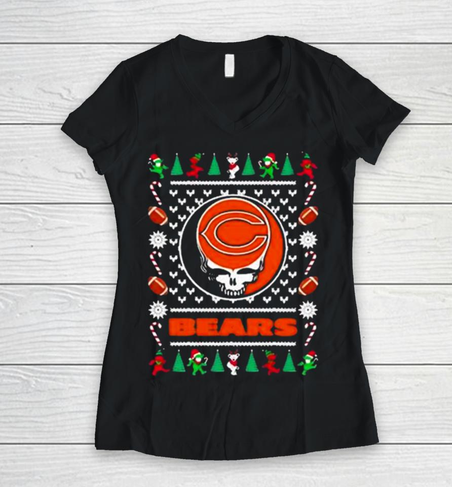 Nfl Chicago Bears Grateful Dead Ugly Christmas Women V-Neck T-Shirt