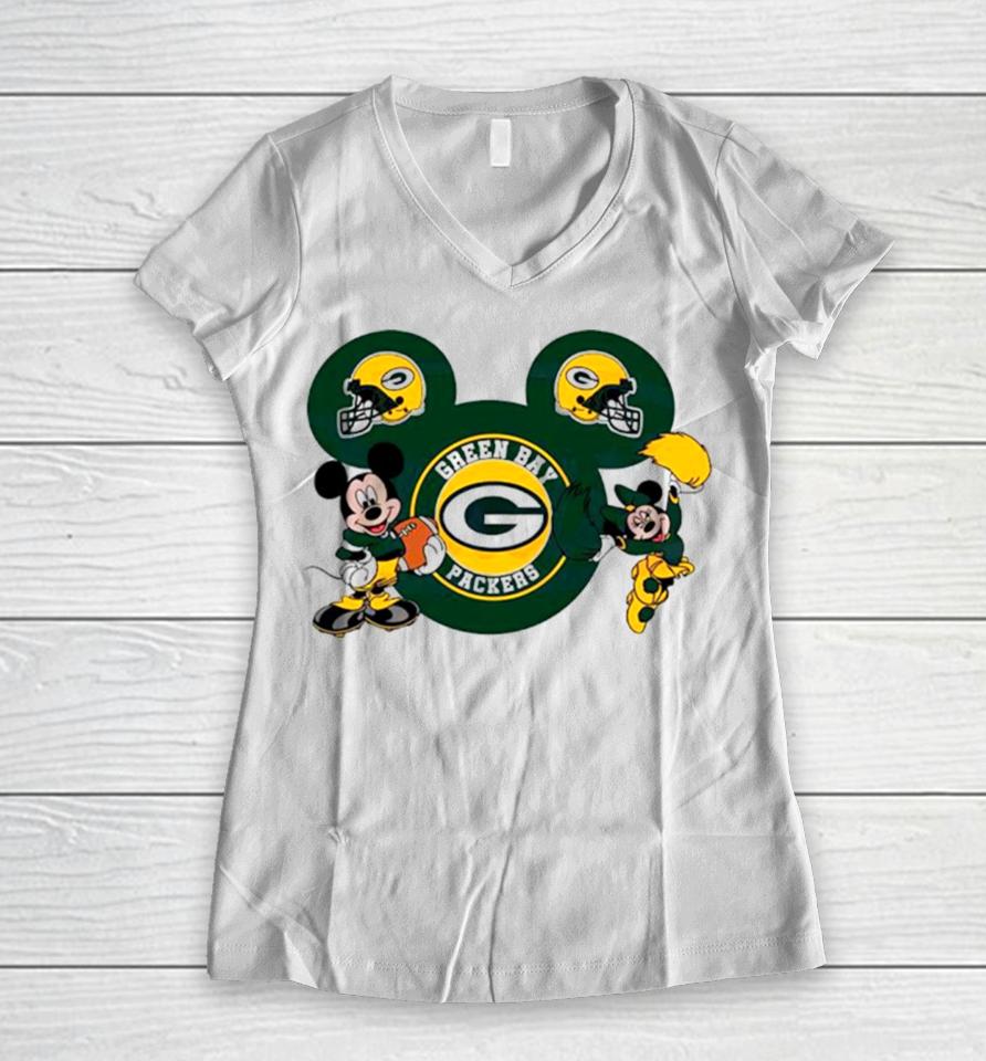Nfl Green Bay Packers Disney Mickey Minnie Women V-Neck T-Shirt