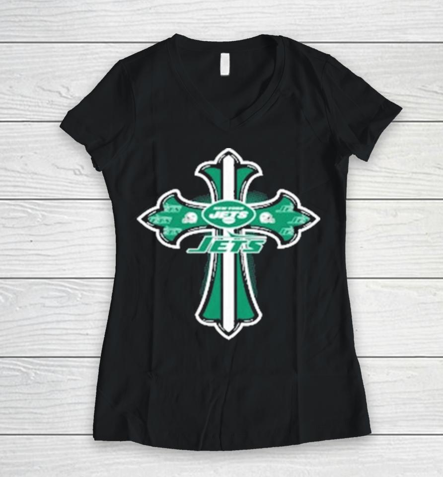 Nfl Green Crusader Cross New York Jets 2024 Women V-Neck T-Shirt