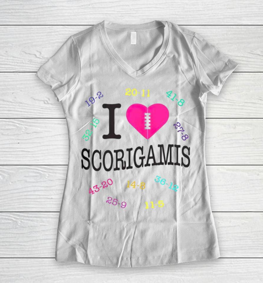 Nfl I Love Scorigamis Women V-Neck T-Shirt