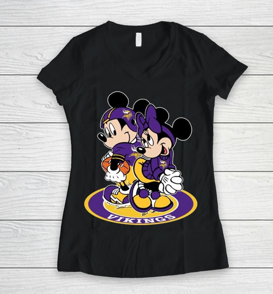 Nfl Minnesota Vikings Mickey Mouse And Minnie Mouse Women V-Neck T-Shirt