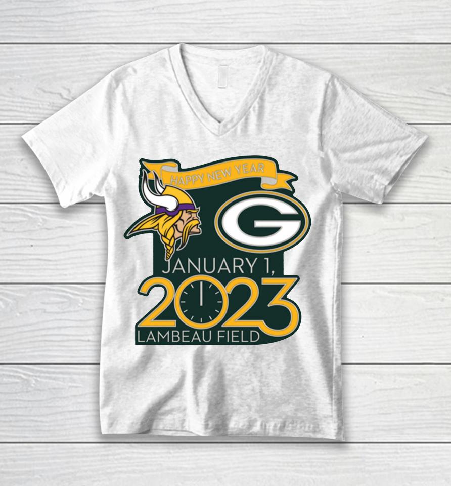 Nfl Packers Vs Vikings Happy New Years Jan 1 2023 Lambeau Field Gameday Unisex V-Neck T-Shirt