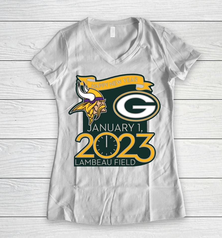 Nfl Packers Vs Vikings Happy New Years Jan 1 2023 Lambeau Field Gameday Women V-Neck T-Shirt