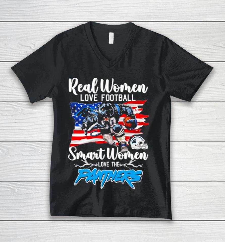 Nfl Real Women Love Football Smart Women Love The Carolina Panthers Mascot America Flag Unisex V-Neck T-Shirt