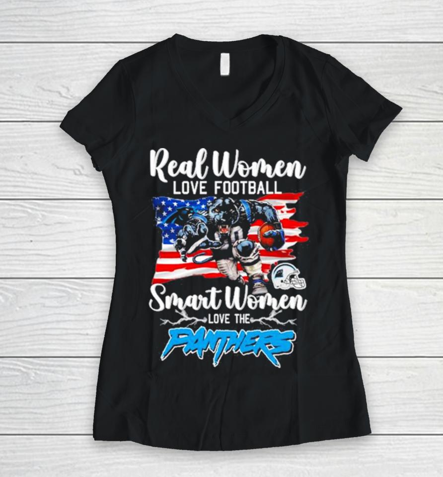 Nfl Real Women Love Football Smart Women Love The Carolina Panthers Mascot America Flag Women V-Neck T-Shirt