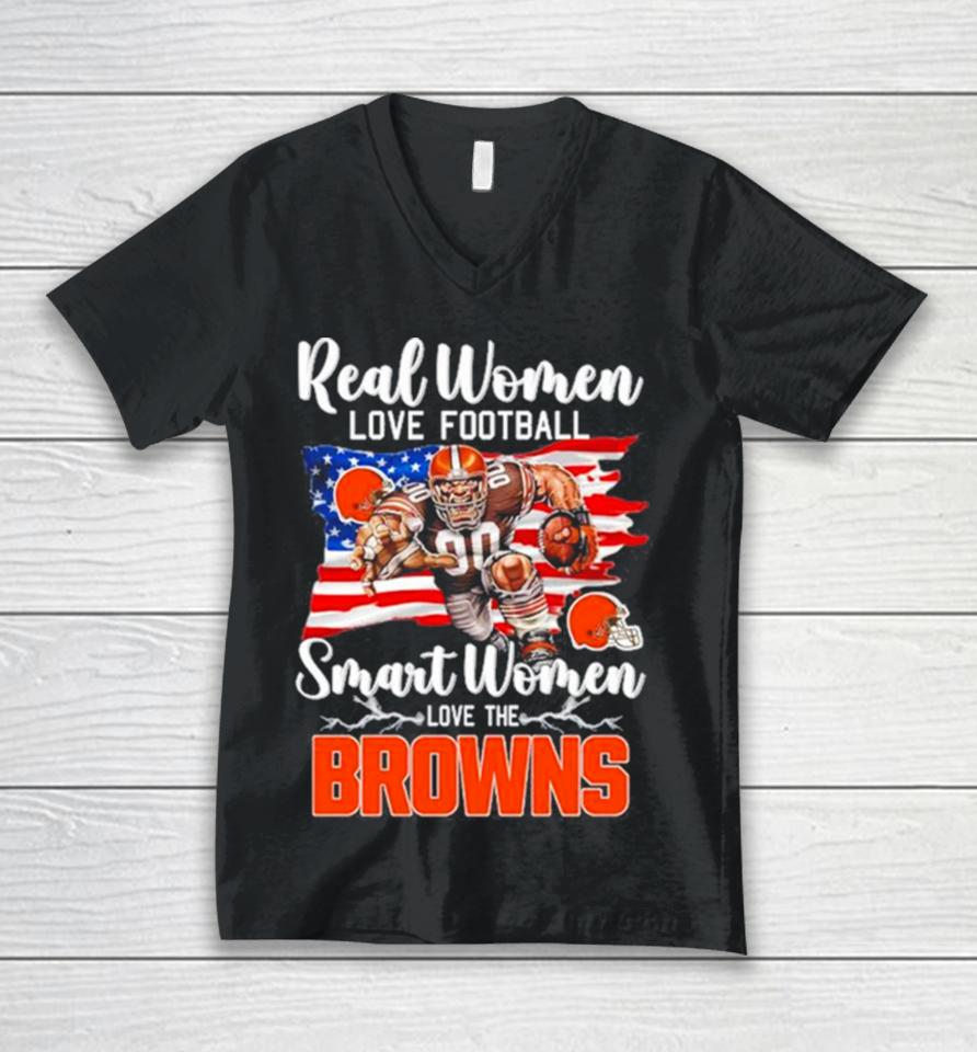Nfl Real Women Love Football Smart Women Love The Cleveland Browns Mascot America Flag Unisex V-Neck T-Shirt