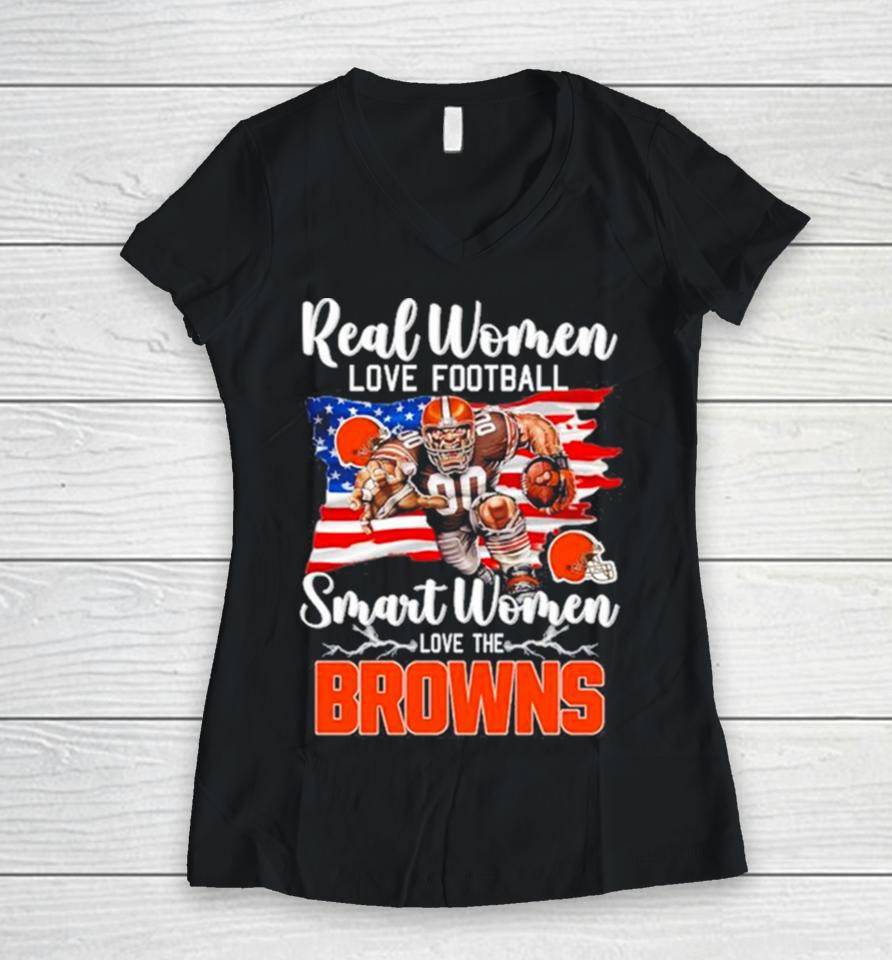 Nfl Real Women Love Football Smart Women Love The Cleveland Browns Mascot America Flag Women V-Neck T-Shirt