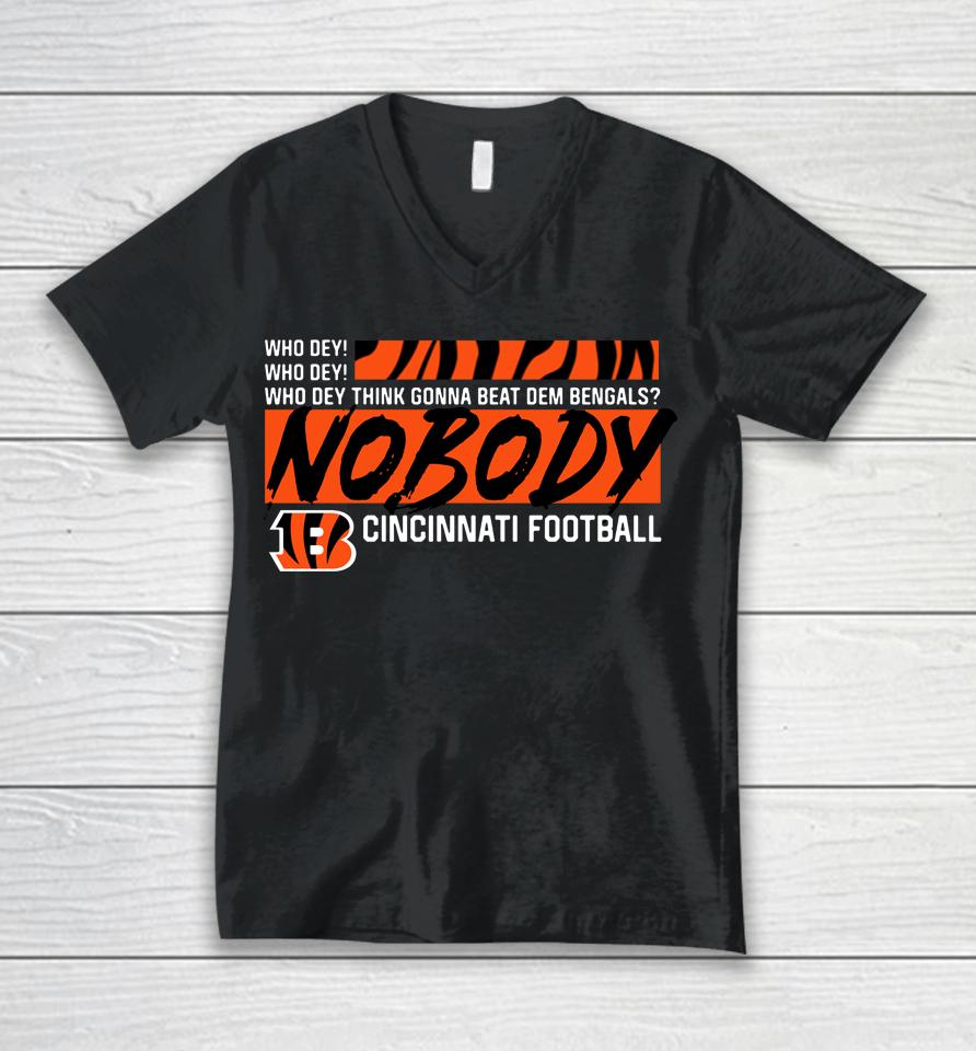 Nfl Shop Men's Cincinnati Bengals Hometown Who Dey Nobody Unisex V-Neck T-Shirt