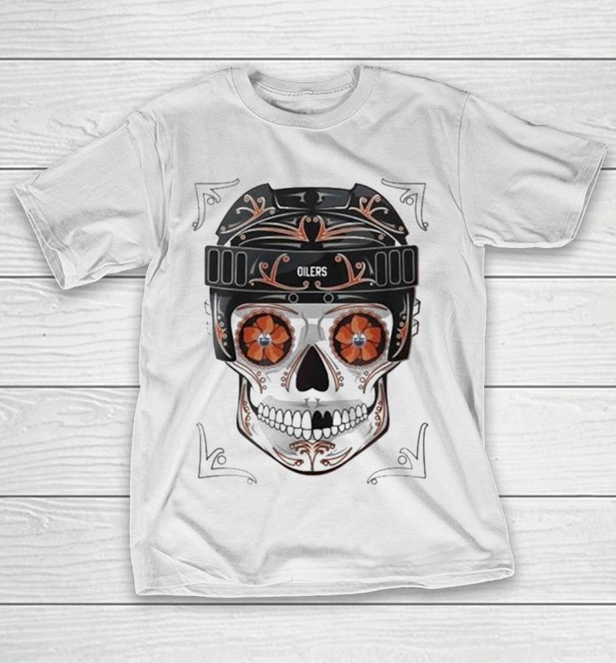 Nhl Edmonton Oilers Skull Dia De Los Muertos Hockey Logo T-Shirt